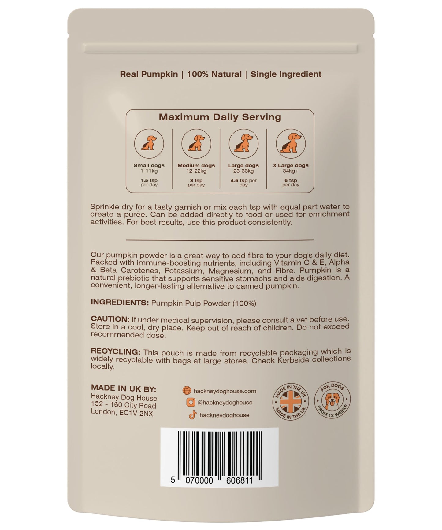 Single Pack | Pumpkin Puree Powder For Dogs | 30 Servings (RRP: £17.95)